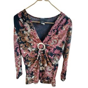 Y2k  Women's Paisley Print Long Sleeve V Neck Top Size L